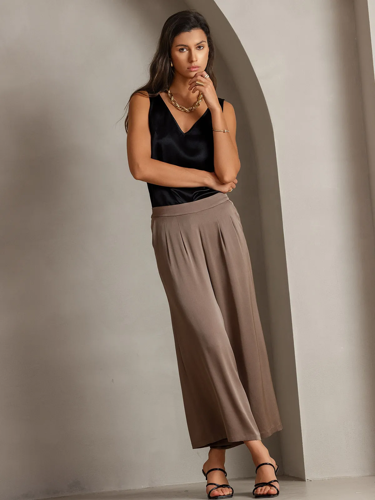 19Momme Silk Solid Color Casual Smooth Wide Leg Pants