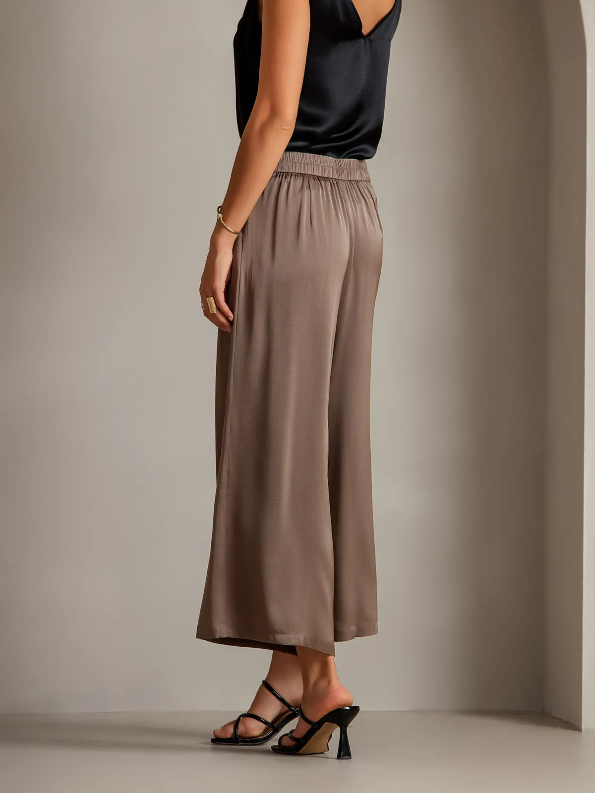 19Momme Silk Solid Color Casual Smooth Wide Leg Pants