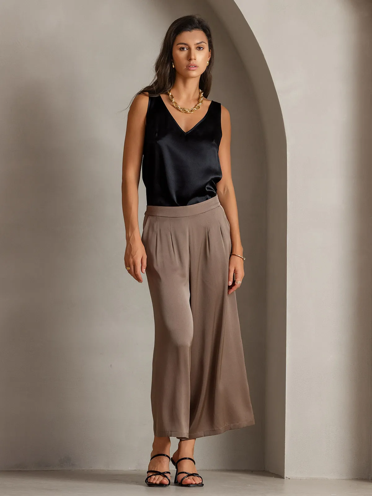 19Momme Silk Solid Color Casual Smooth Wide Leg Pants