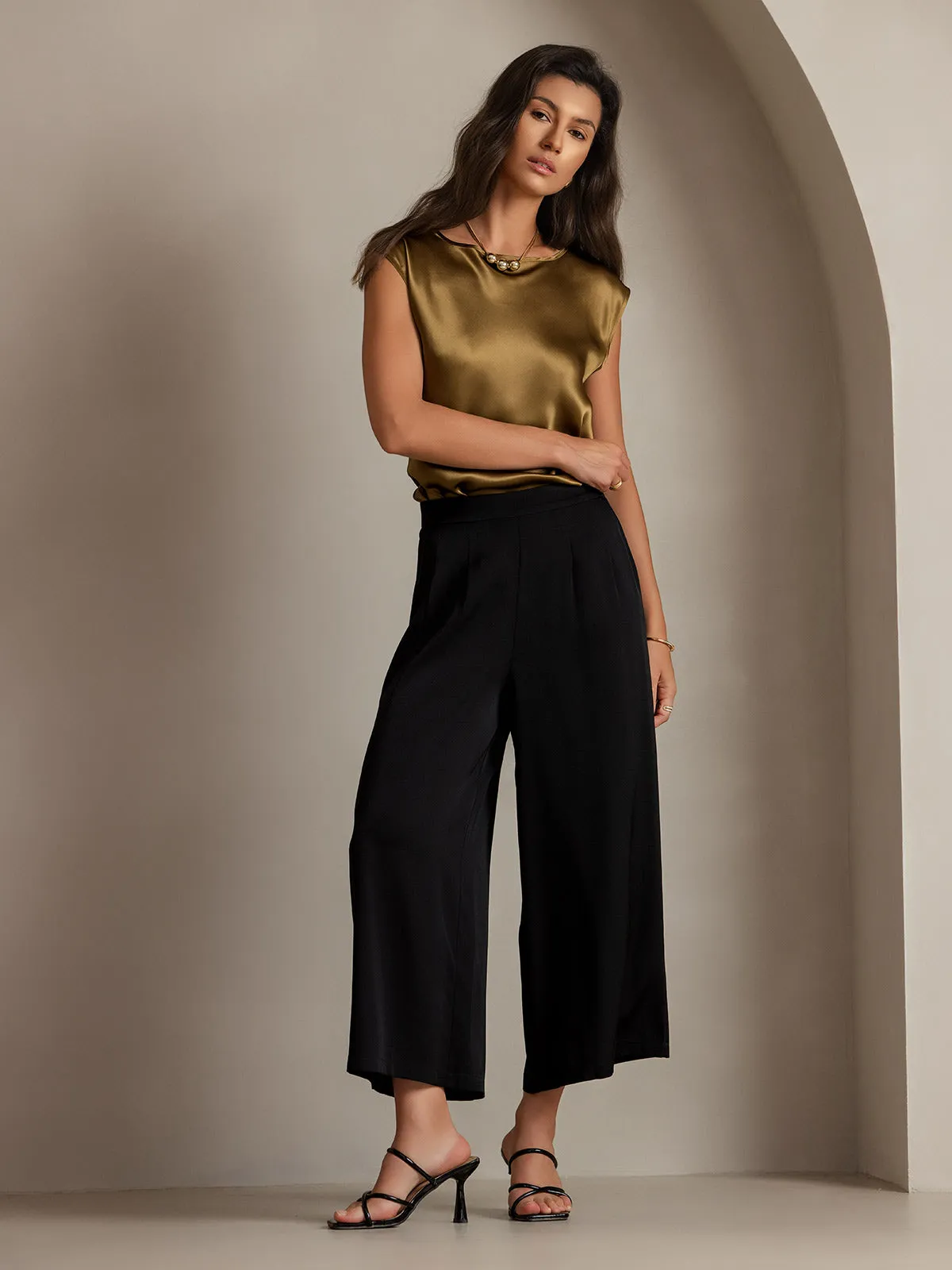 19Momme Silk Solid Color Casual Smooth Wide Leg Pants