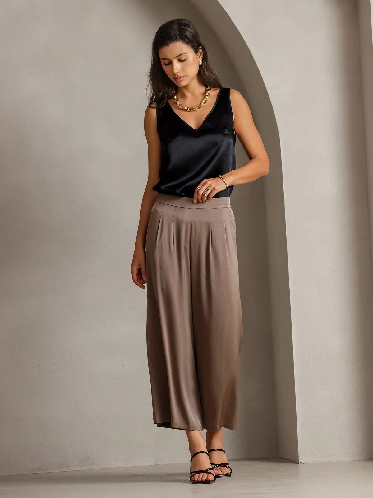 19Momme Silk Solid Color Casual Smooth Wide Leg Pants