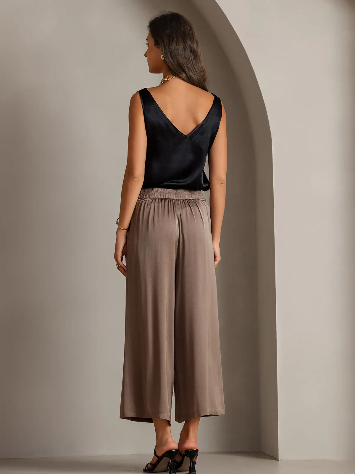 19Momme Silk Solid Color Casual Smooth Wide Leg Pants