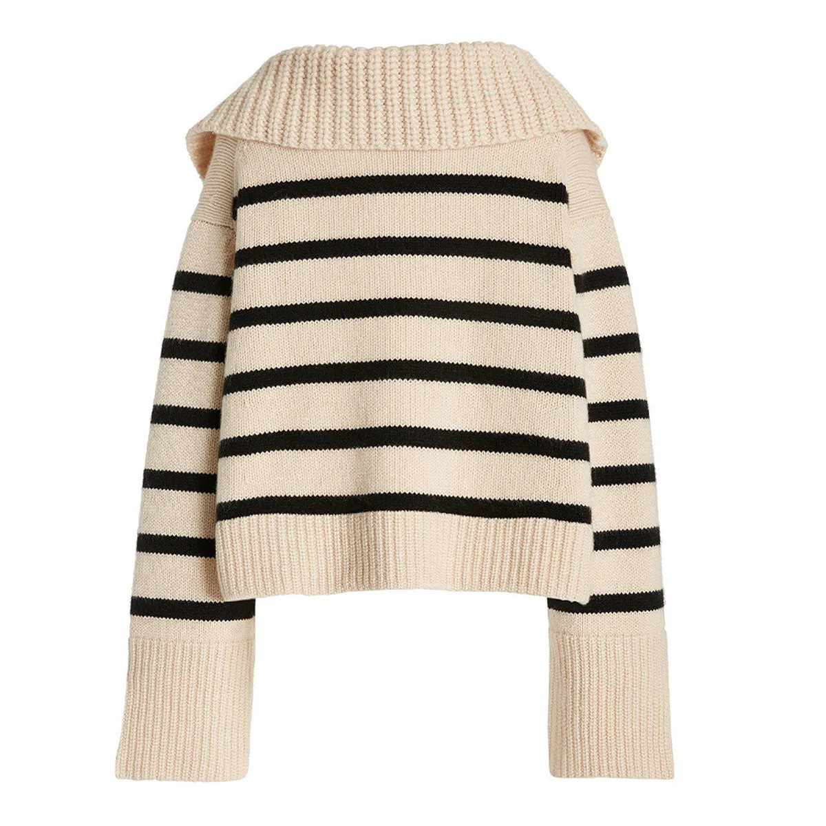 Athletic Breton Stripe Spread Collar V Neck Split Sleeve Oversized Wool Sweater