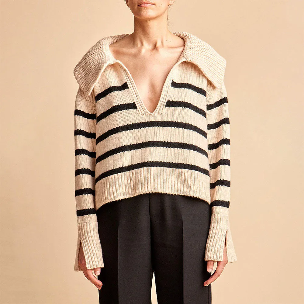 Athletic Breton Stripe Spread Collar V Neck Split Sleeve Oversized Wool Sweater