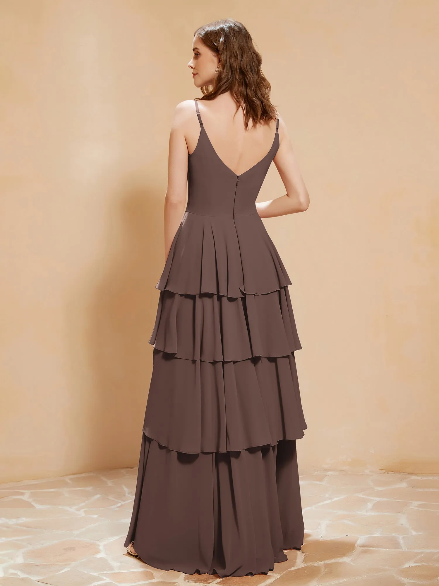 Boho V-neck Floor-length Dress Flowy Ruffles Chocolate