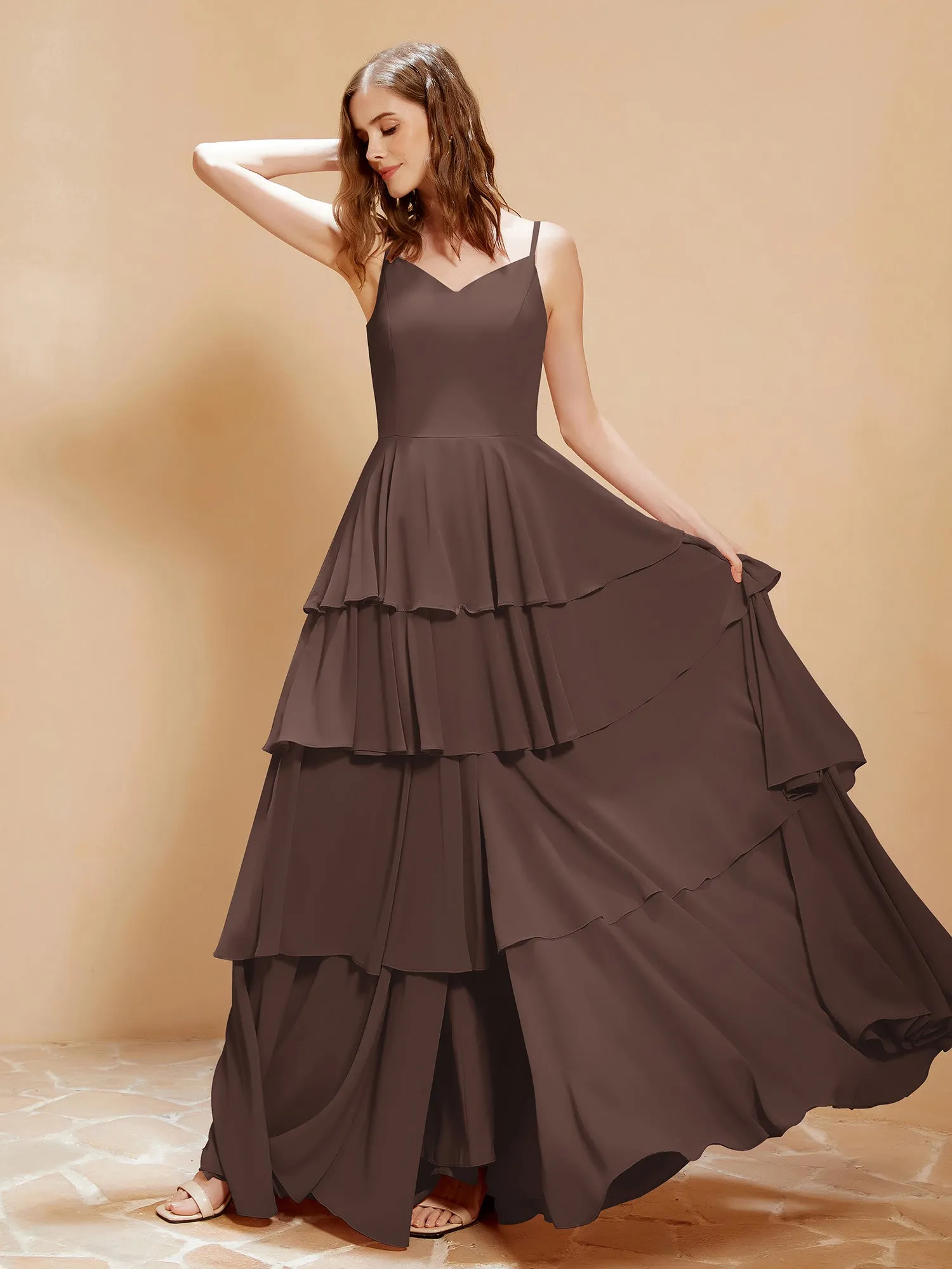 Boho V-neck Floor-length Dress Flowy Ruffles Chocolate