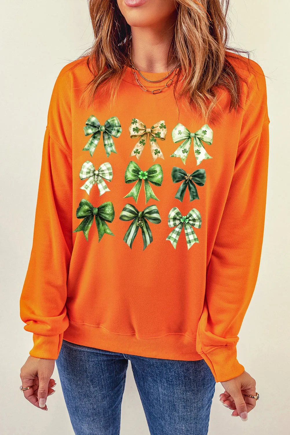 Bow Graphic Plain Crew Neck St Patrick Pullover Sweatshirt