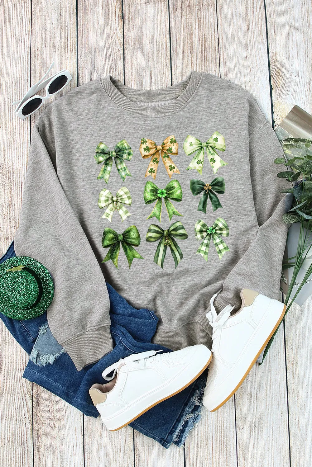 Bow Graphic Plain Crew Neck St Patrick Pullover Sweatshirt