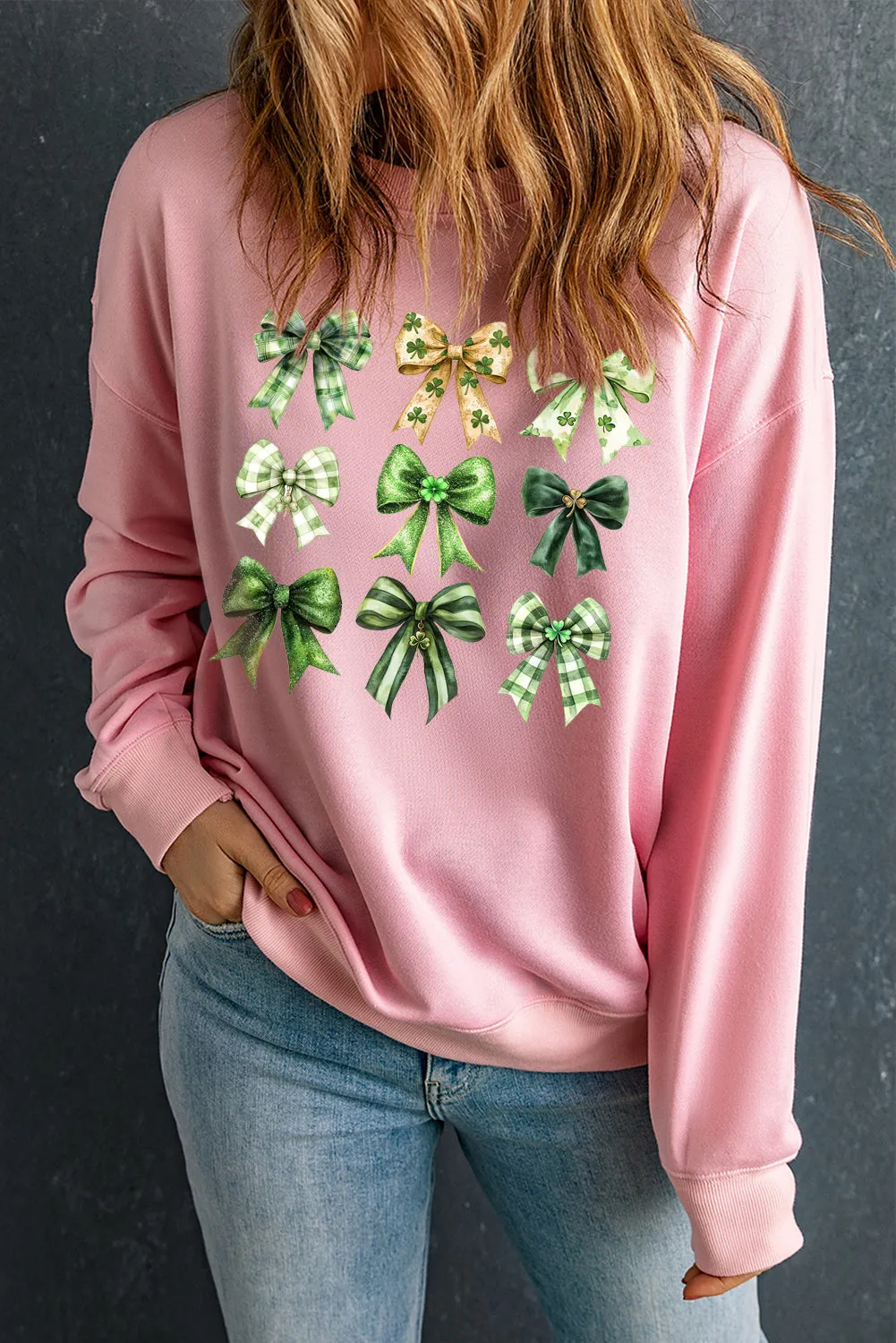 Bow Graphic Plain Crew Neck St Patrick Pullover Sweatshirt