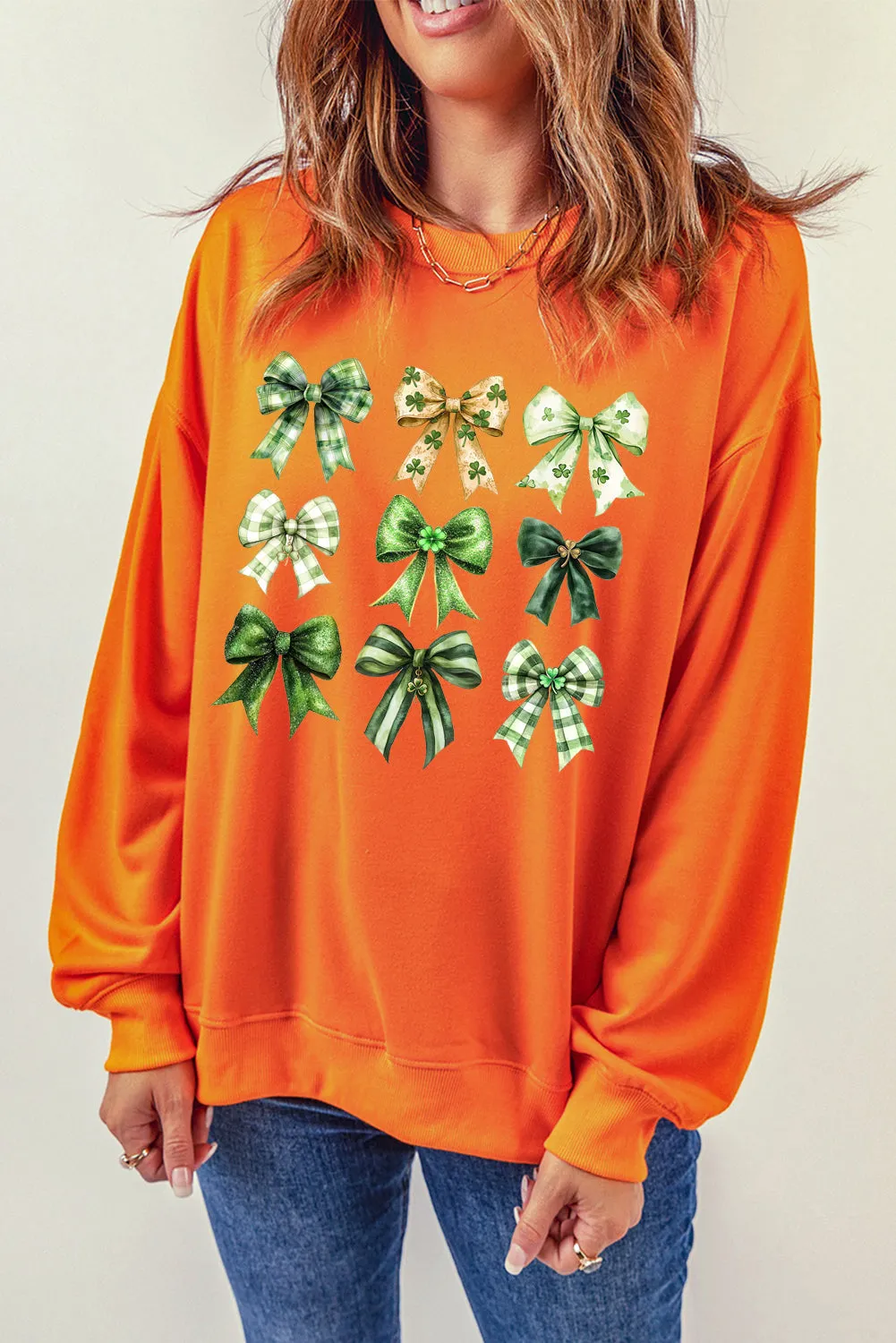 Bow Graphic Plain Crew Neck St Patrick Pullover Sweatshirt