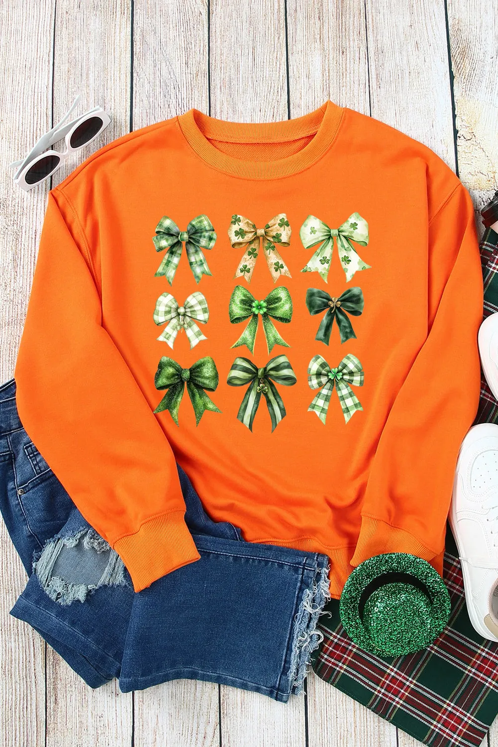 Bow Graphic Plain Crew Neck St Patrick Pullover Sweatshirt