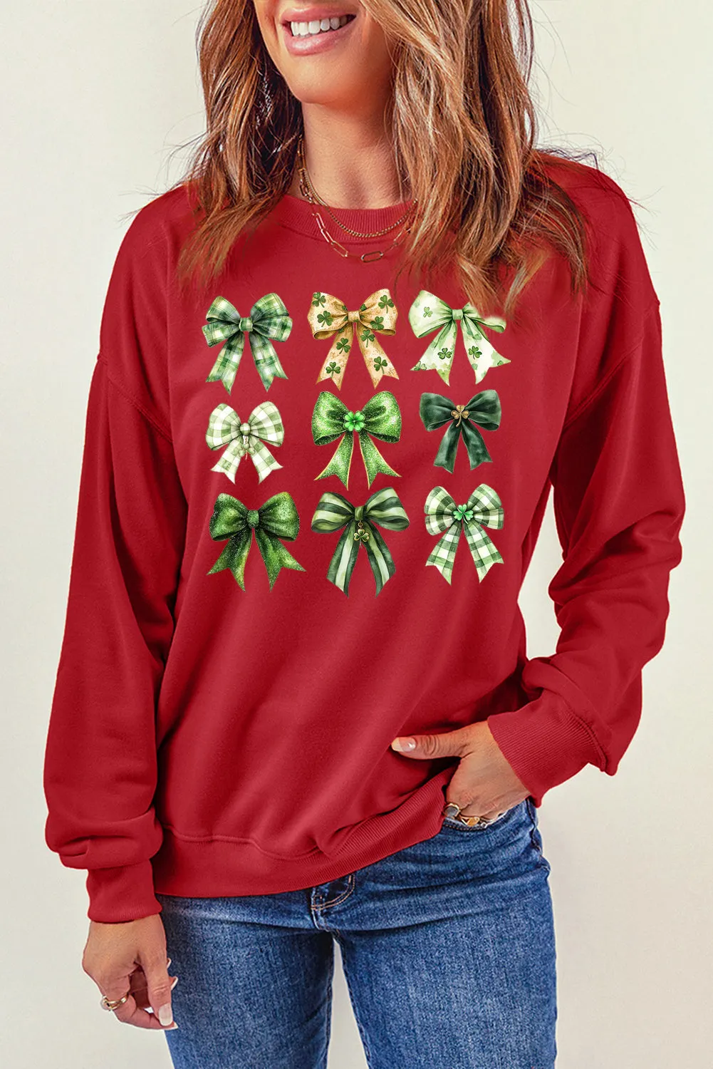 Bow Graphic Plain Crew Neck St Patrick Pullover Sweatshirt