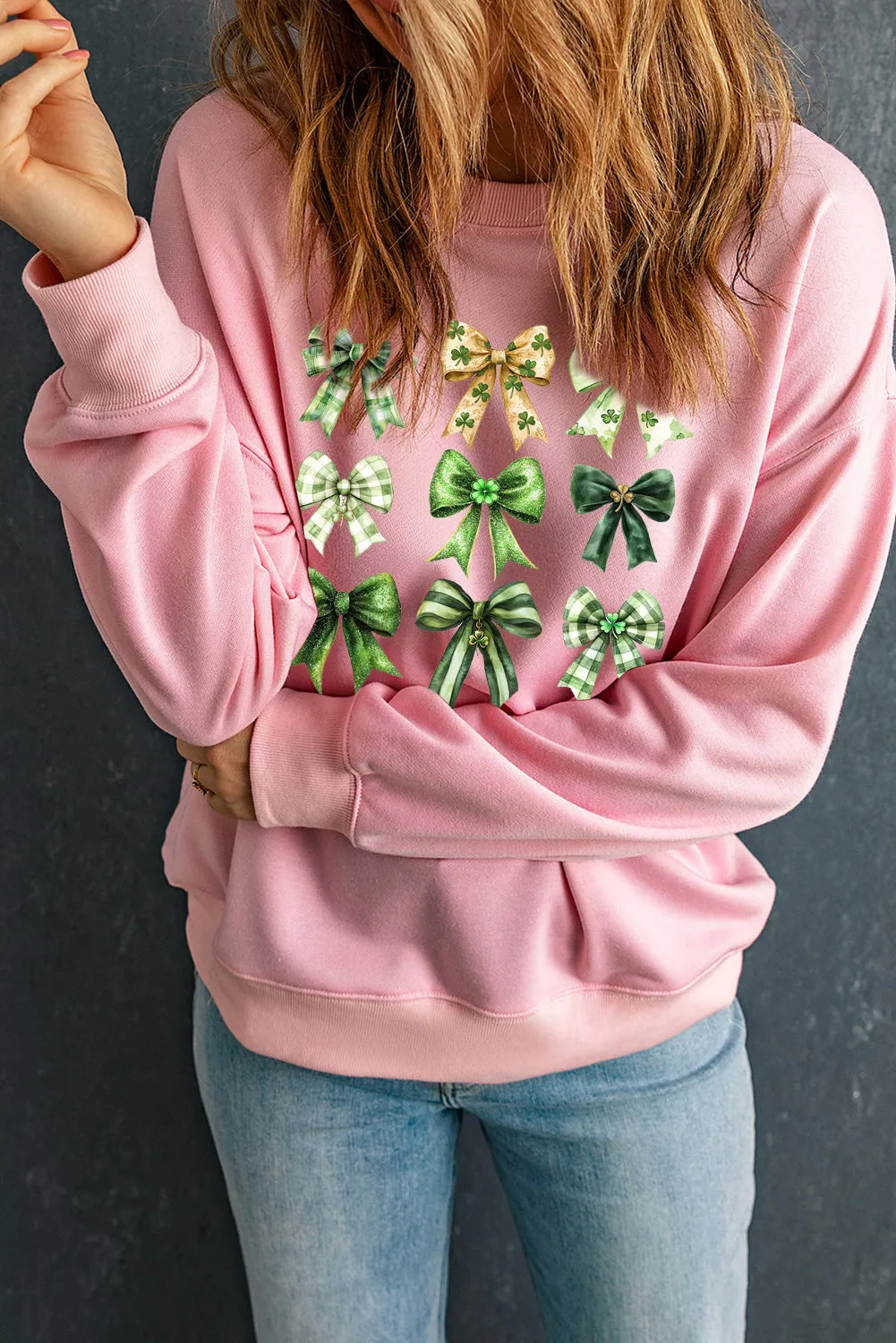 Bow Graphic Plain Crew Neck St Patrick Pullover Sweatshirt