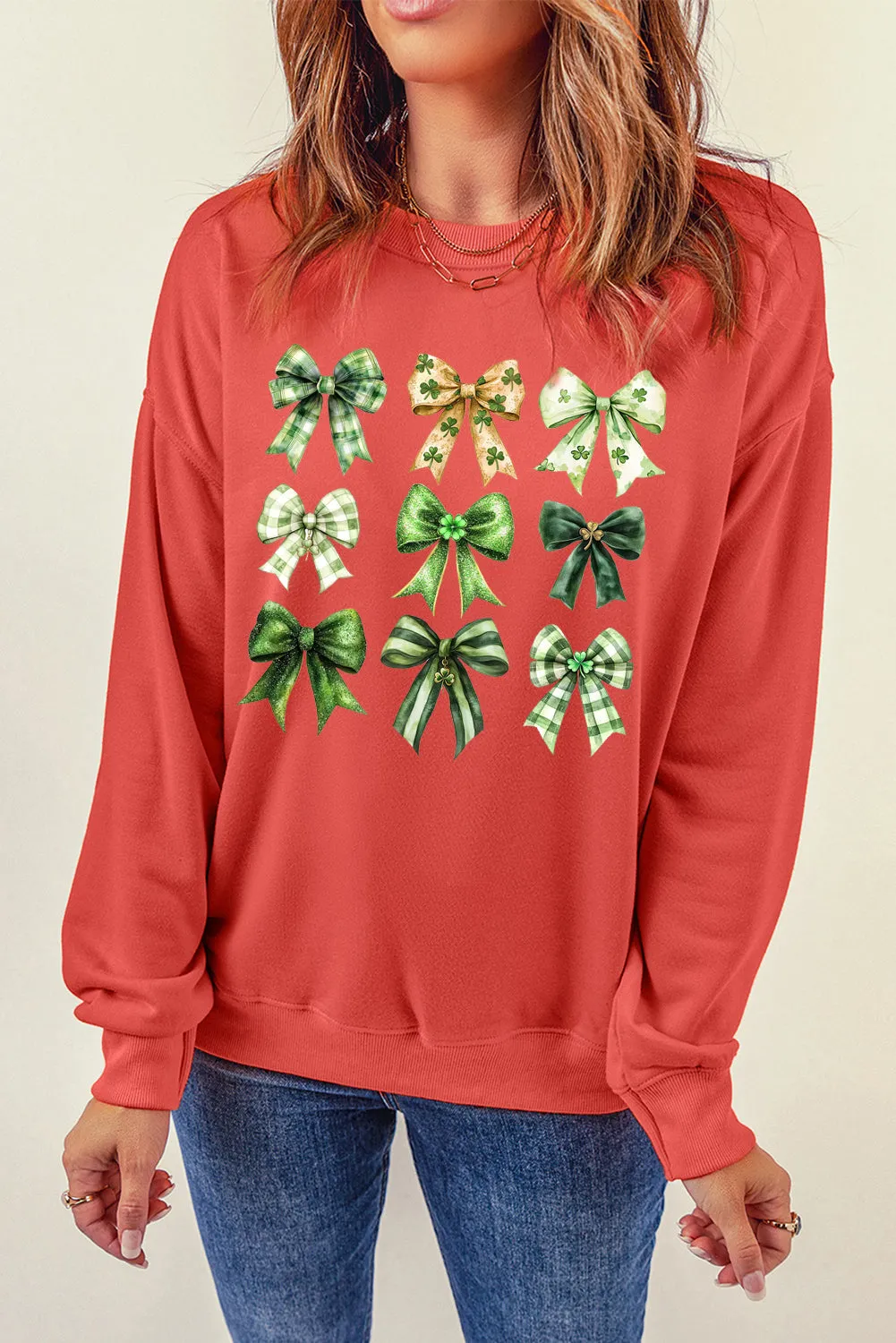 Bow Graphic Plain Crew Neck St Patrick Pullover Sweatshirt