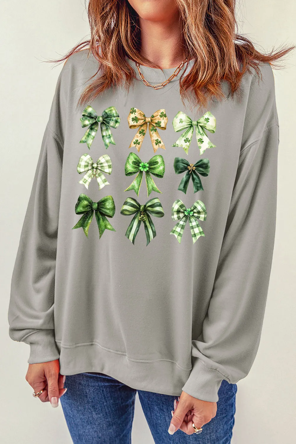 Bow Graphic Plain Crew Neck St Patrick Pullover Sweatshirt