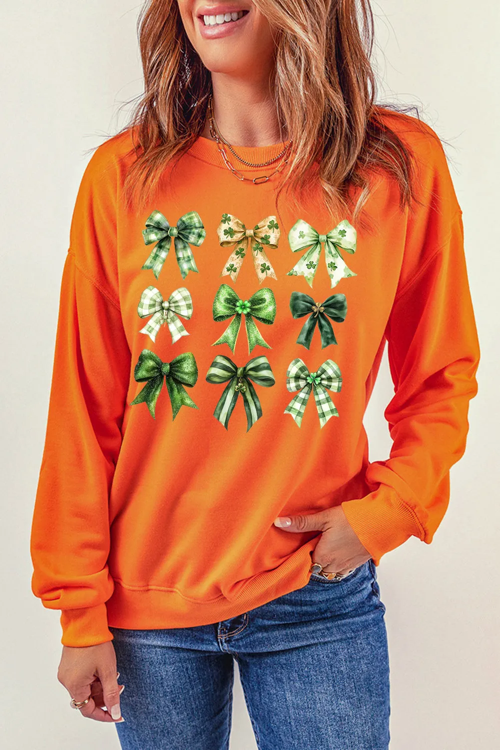 Bow Graphic Plain Crew Neck St Patrick Pullover Sweatshirt