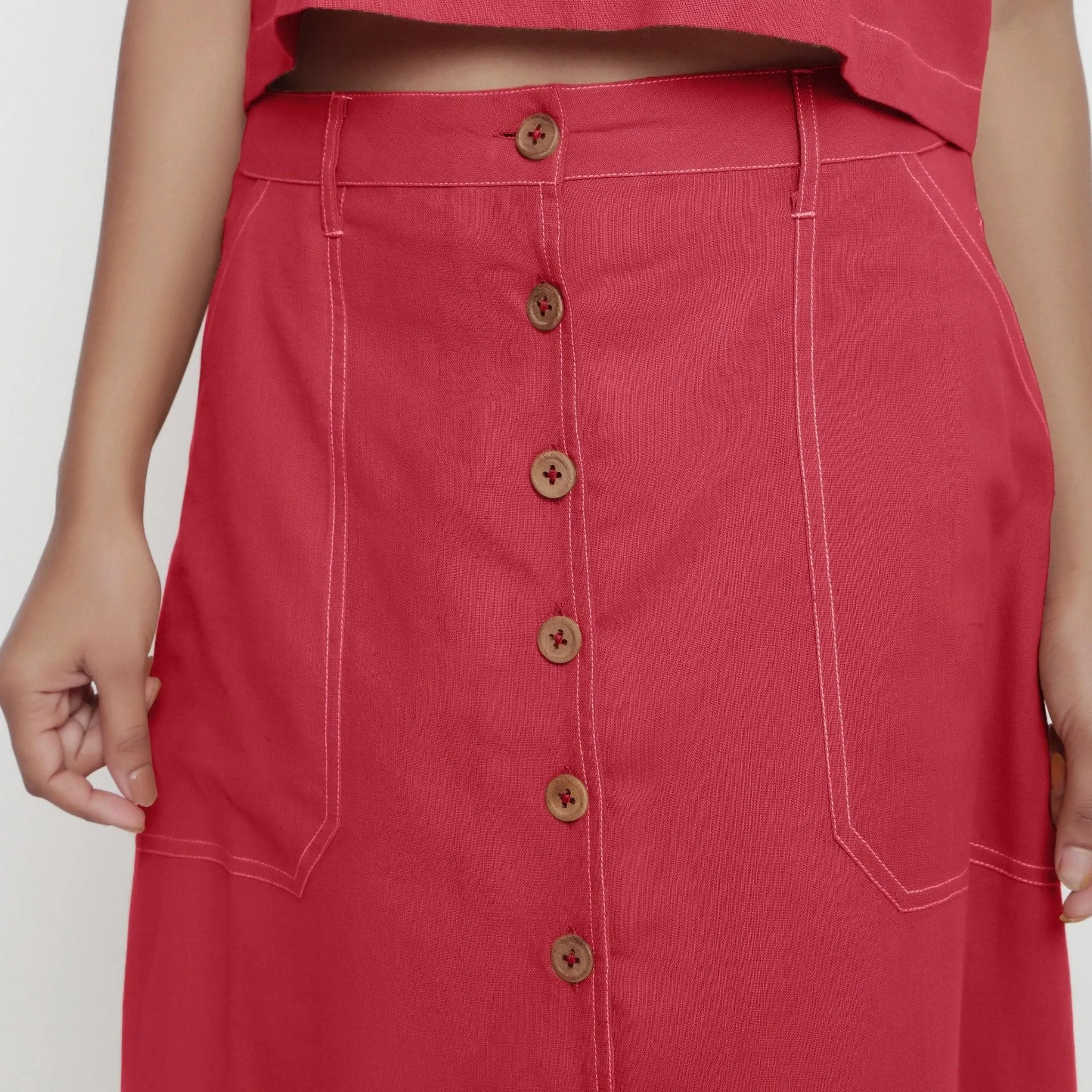 Brick Red Vegetable Dyed Cotton Button-Down Paneled Midi Skirt