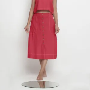 Brick Red Vegetable Dyed Cotton Button-Down Paneled Midi Skirt