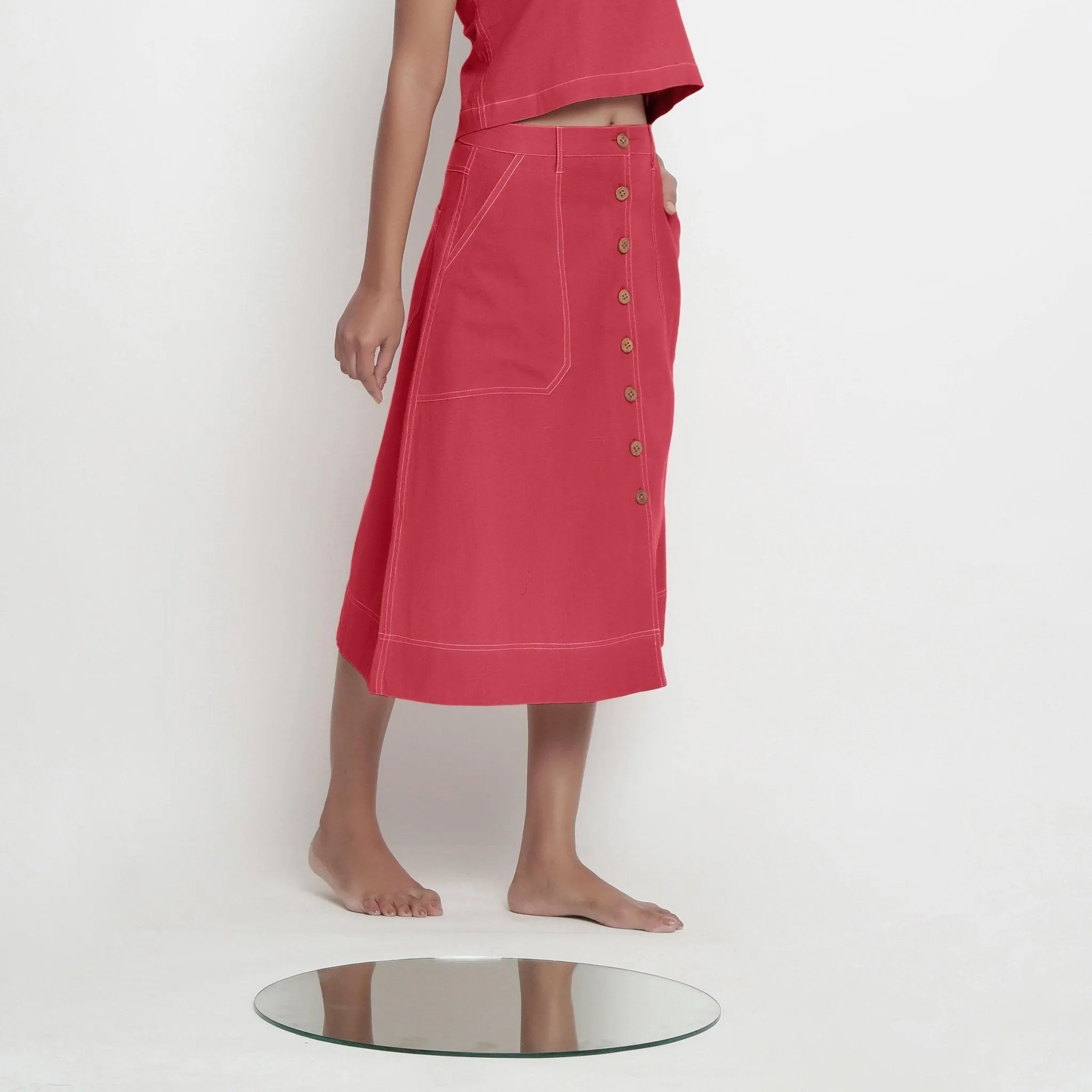 Brick Red Vegetable Dyed Cotton Button-Down Paneled Midi Skirt