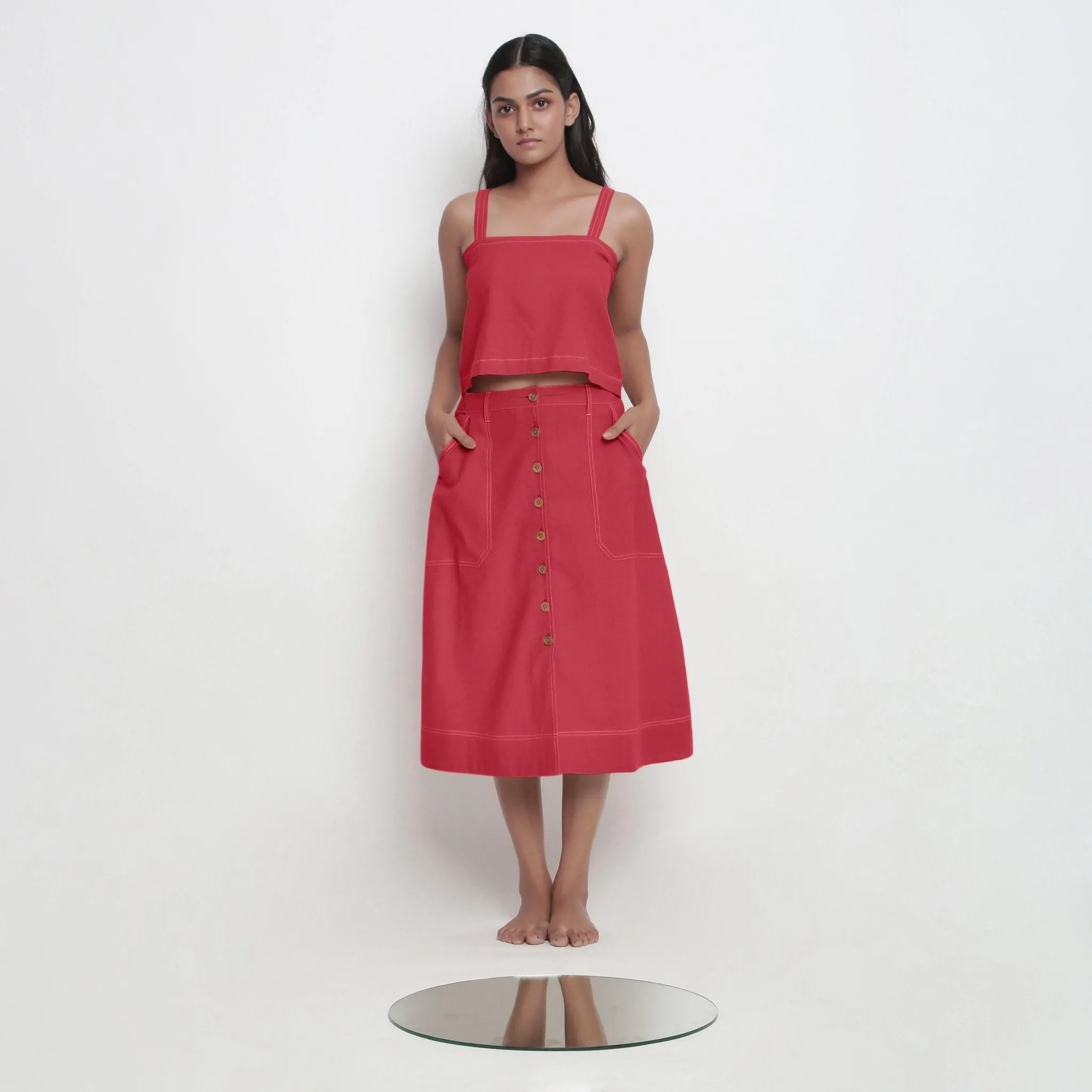 Brick Red Vegetable Dyed Cotton Button-Down Paneled Midi Skirt