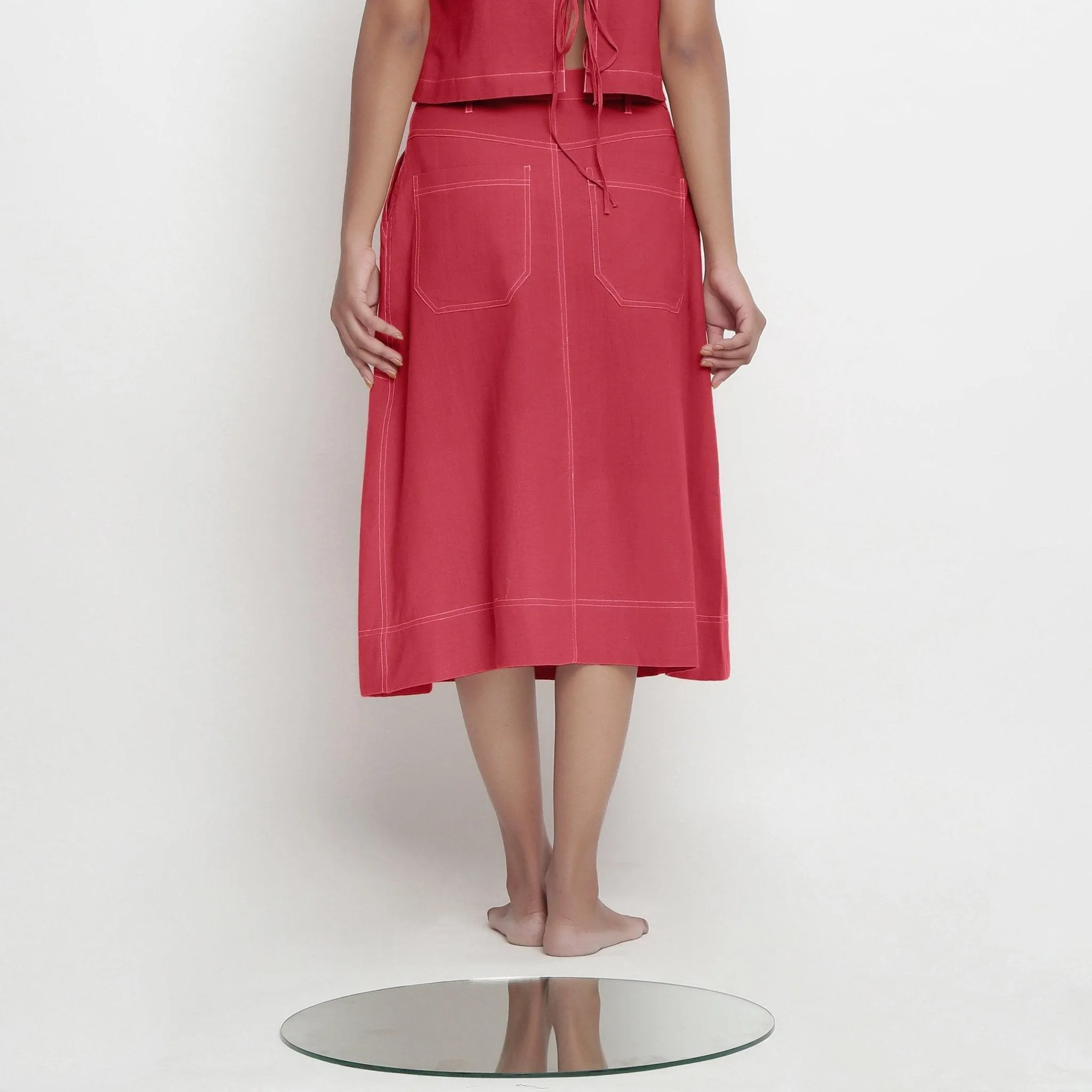 Brick Red Vegetable Dyed Cotton Button-Down Paneled Midi Skirt