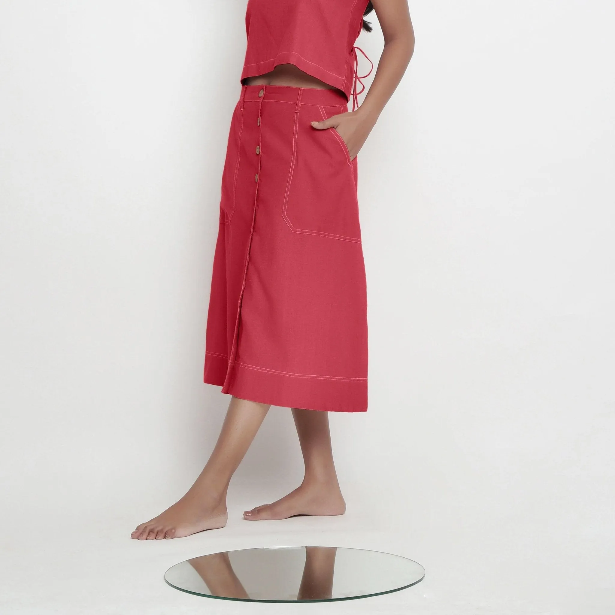 Brick Red Vegetable Dyed Cotton Button-Down Paneled Midi Skirt