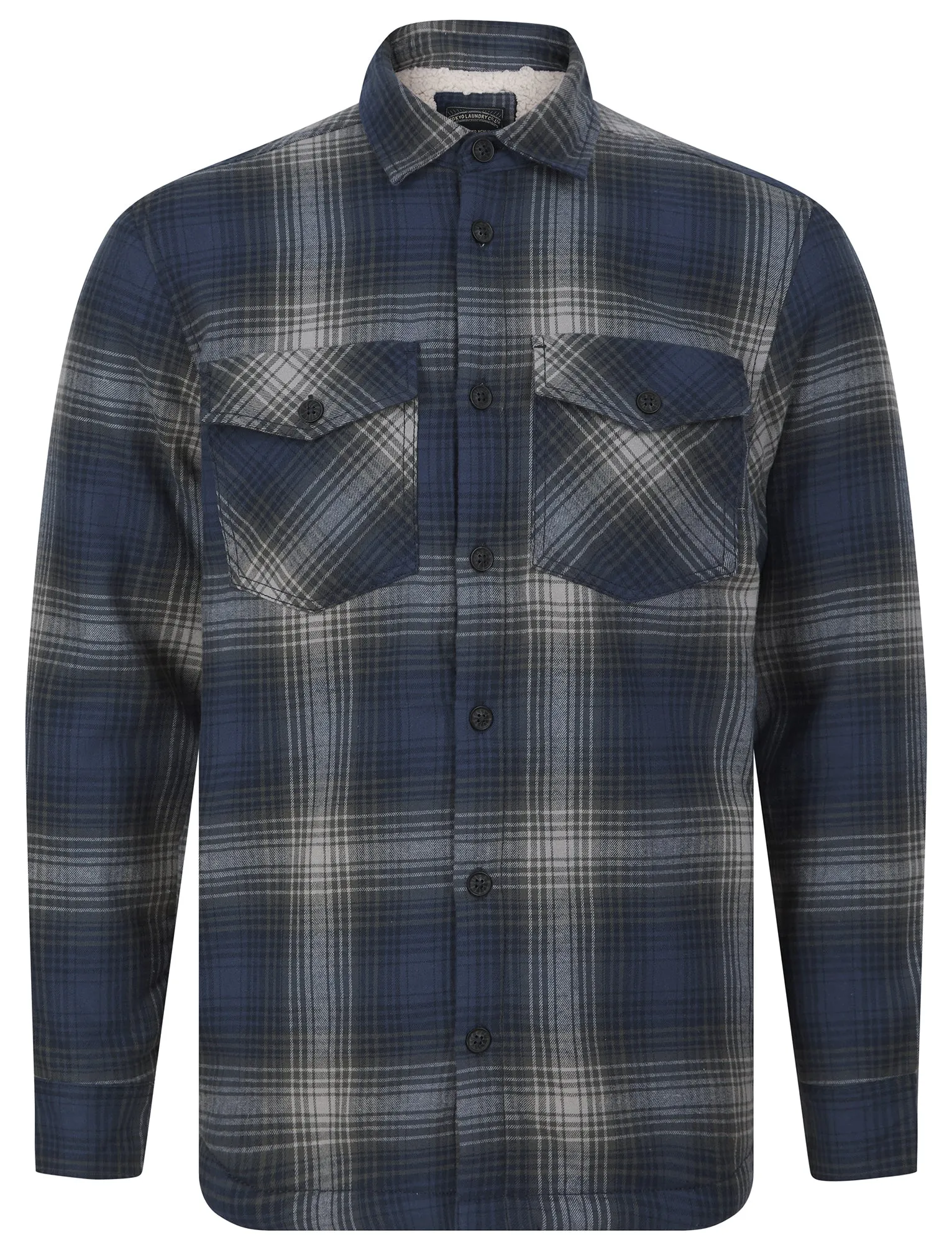 Crestone Borg Lined Cotton Flannel Checked Overshirt Jacket in Twilight Blue - Tokyo Laundry