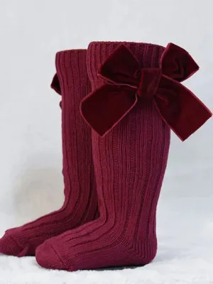 Darling Knee High Maroon Velvet Bow Socks