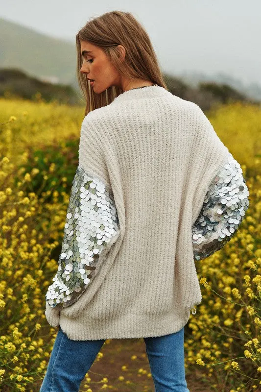 Davi & Dani Sequin Sleeve Sweater Knit Top