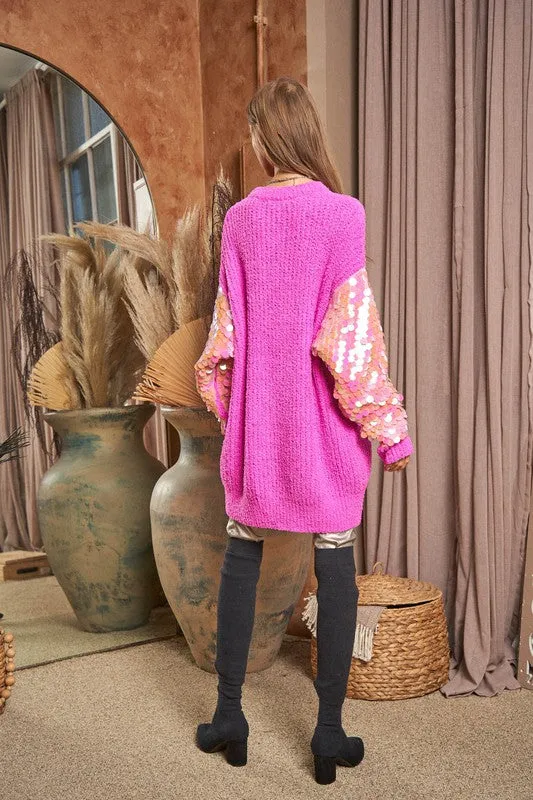 Davi & Dani Sequin Sleeve Sweater Knit Top