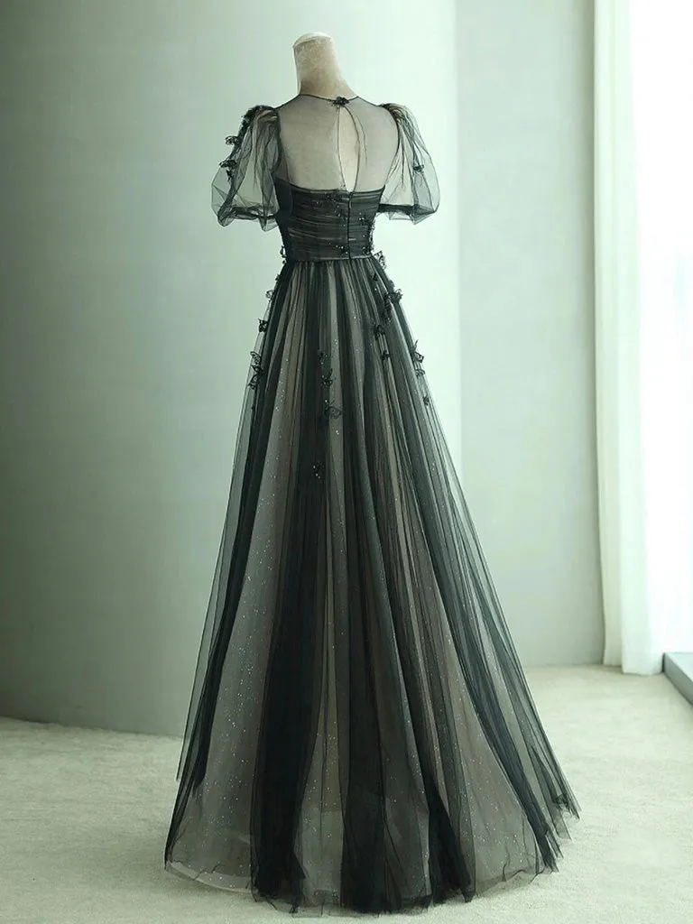 Flowy Black and Ivory Tulle A-line Prom Dress with Short Bubble Sleeves