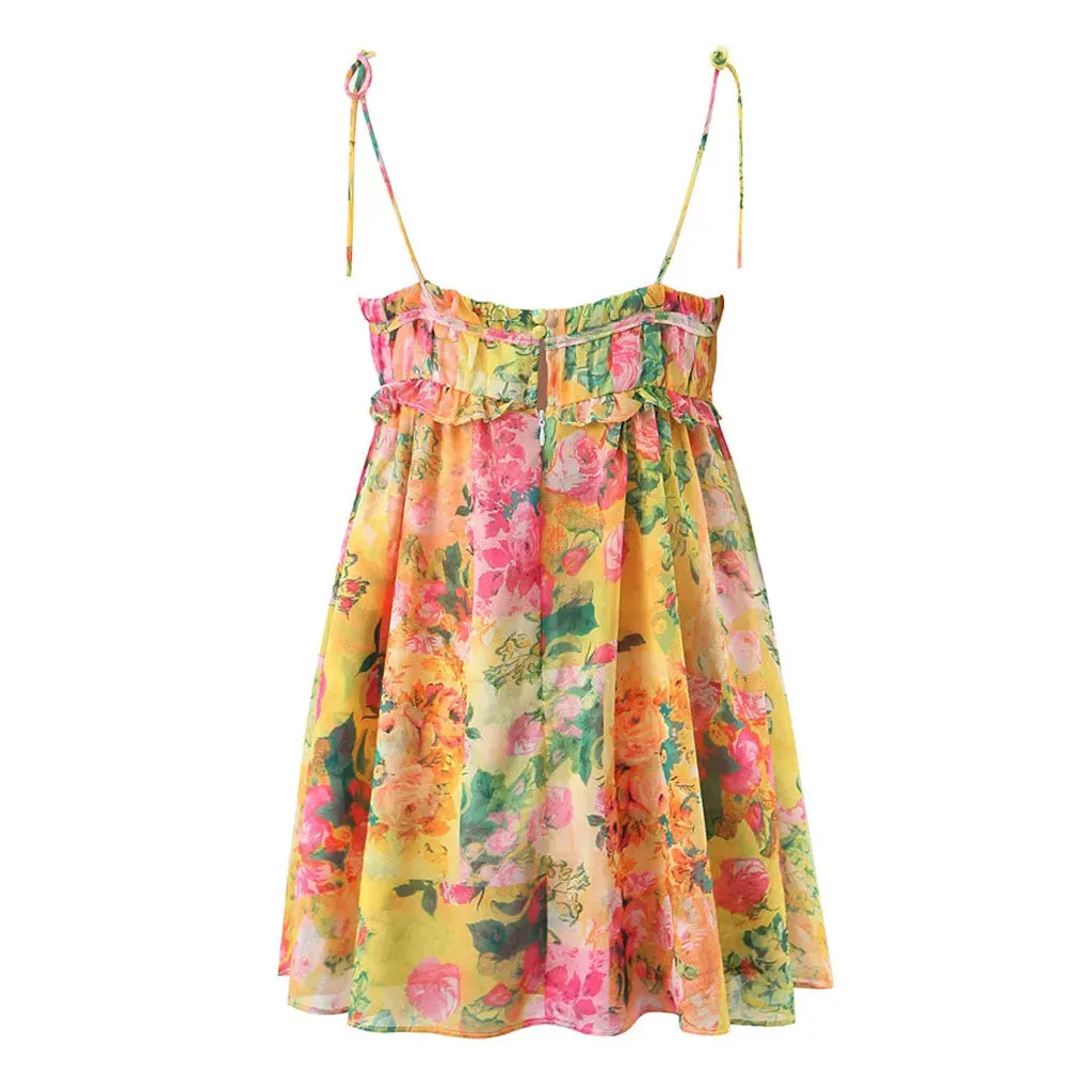 Flowy Boho Print Bow Tie Strap Tiered Chiffon Ruffled Babydoll Mini Sundres