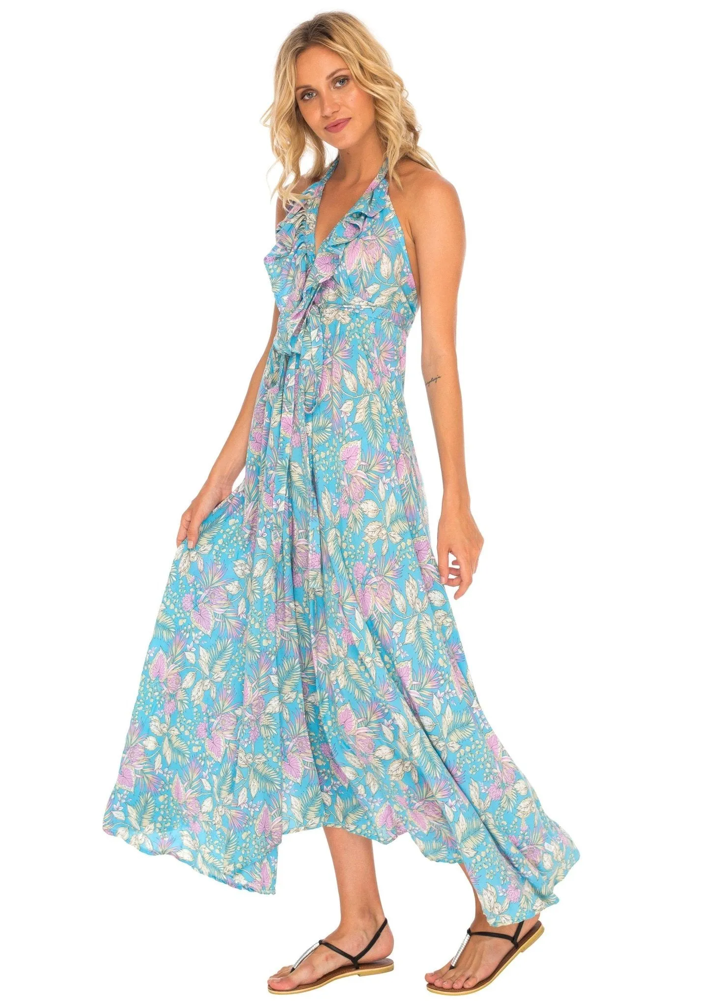 Flowy Long Halter Dress with Ruffles