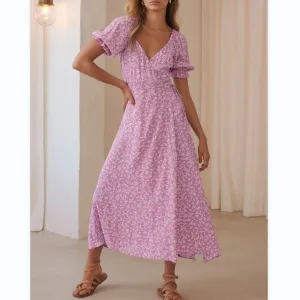 Flowy Printed V-Neck Puff Sleeve Drawstring Slit Dress Wholesale Dresses