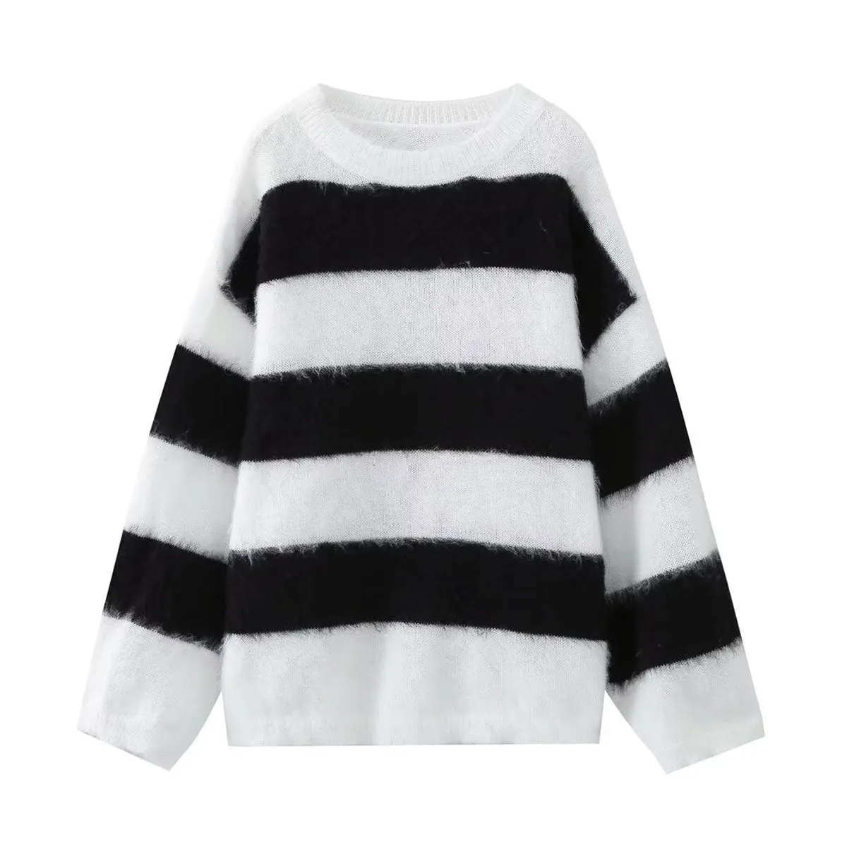 Fluffy Crew Neck Drop Shoulder Wide Sleeve Oversized Pullover Sweater