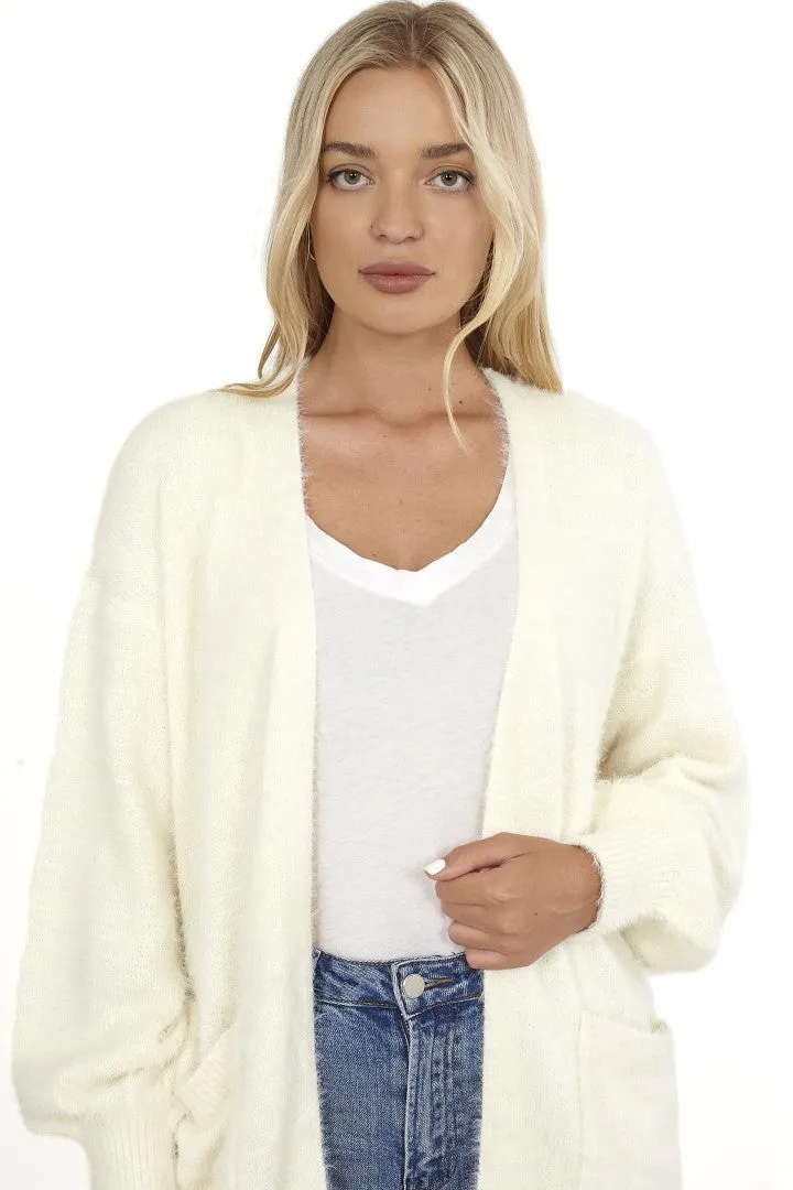 FLUFFY KNIT BALLOON SLEEVE OPEN FRONT CARDIGAN