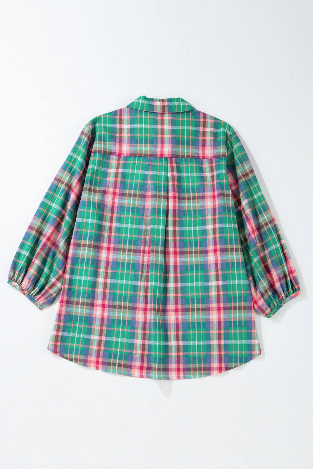 Green Checkered 3/4 Sleeve Collared Loose Fit Shirt