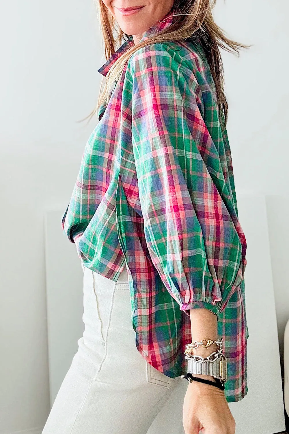 Green Checkered 3/4 Sleeve Collared Loose Fit Shirt