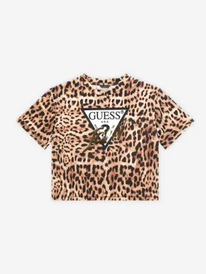 Guess Girls Leopard Print Logo T-Shirt in Brown