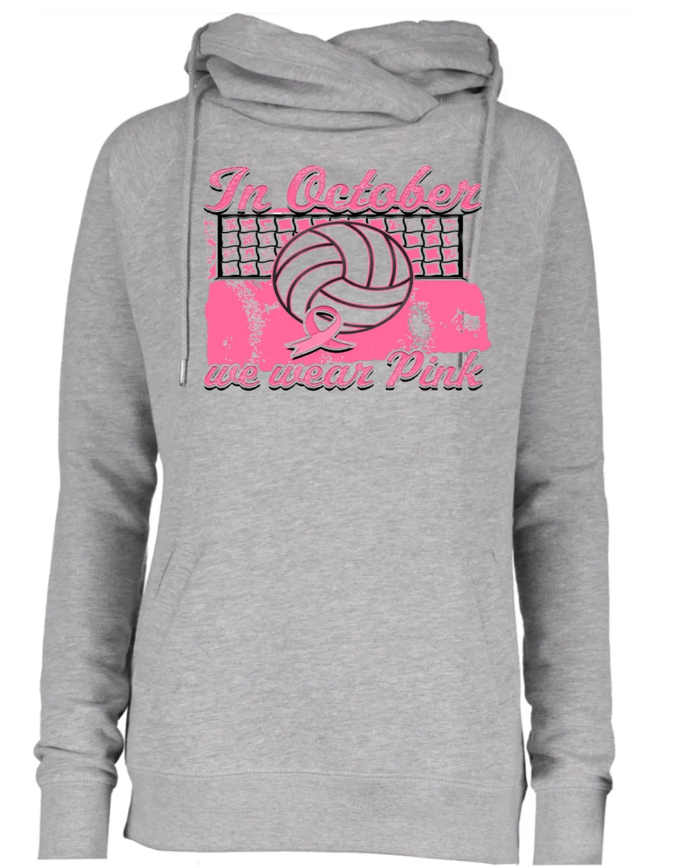 In Oct We Wear Pink Distressed Net Volleyball Pink Out Breast Cancer Awareness Women's Cowl Double Hood Top