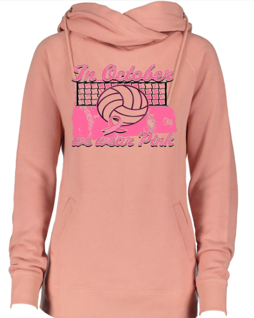 In Oct We Wear Pink Distressed Net Volleyball Pink Out Breast Cancer Awareness Women's Cowl Double Hood Top