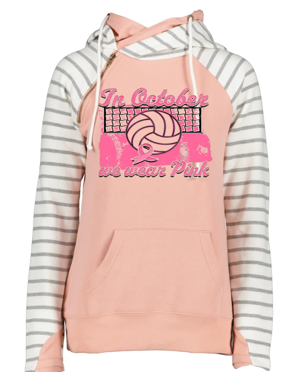 In Oct We Wear Pink Distressed Net Volleyball Pink Out Breast Cancer Awareness Women's Cowl Double Hood Top