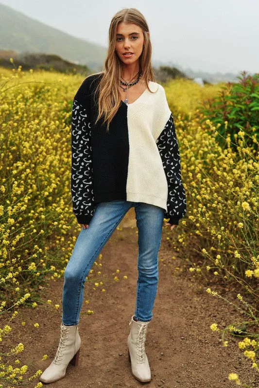 Leopard Oversized Half and Half Pullover Sweater