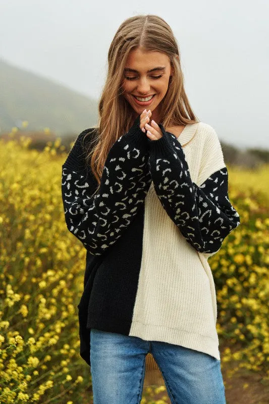 Leopard Oversized Half and Half Pullover Sweater