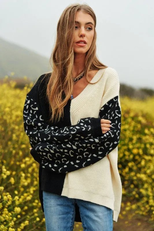 Leopard Oversized Half and Half Pullover Sweater