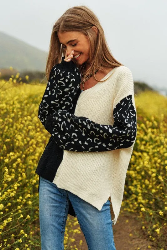 Leopard Oversized Half and Half Pullover Sweater