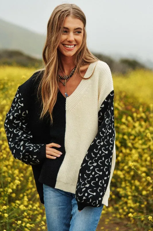 Leopard Oversized Half and Half Pullover Sweater