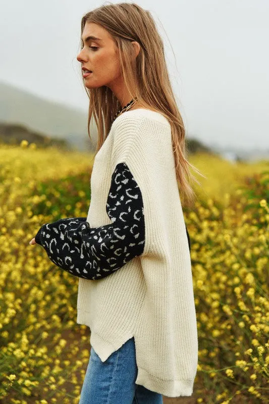 Leopard Oversized Half and Half Pullover Sweater