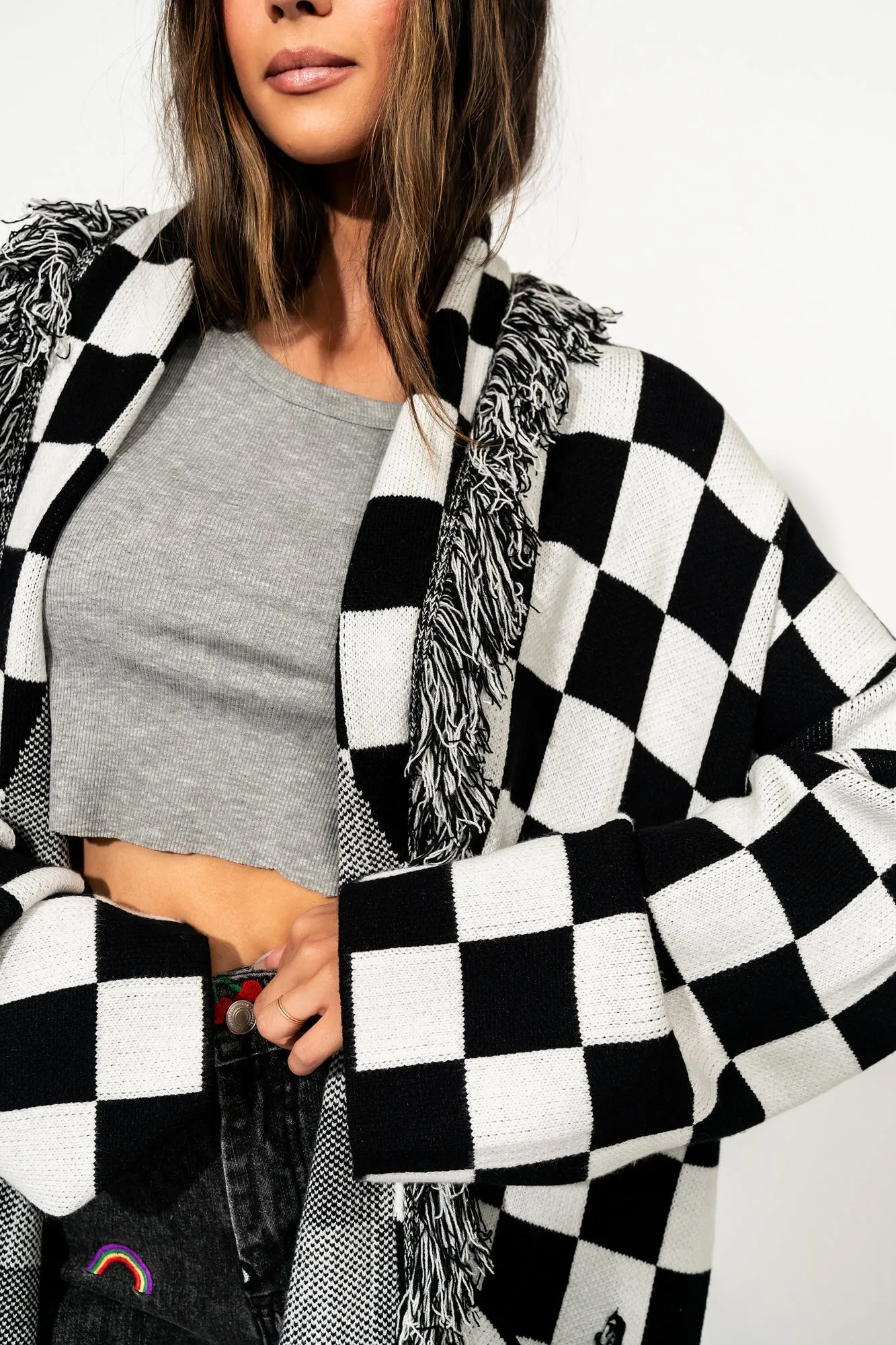 Luxe Fringe Blanket Cardigan in Black   White Check