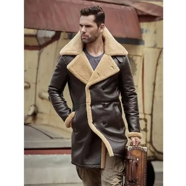 Men's Aviator B3 Flight Sheepskin Long Winter Coats Fur Bomber Leather Jacket